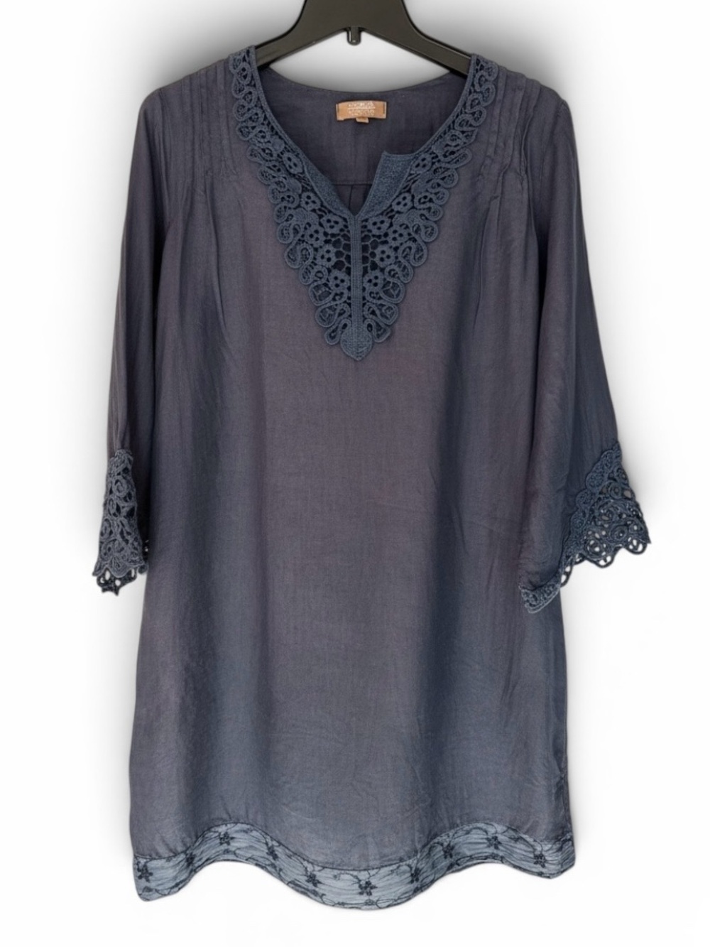 Carla Conti Dark Blue Italian Linen Dress with Crochet Trim Size Medium
